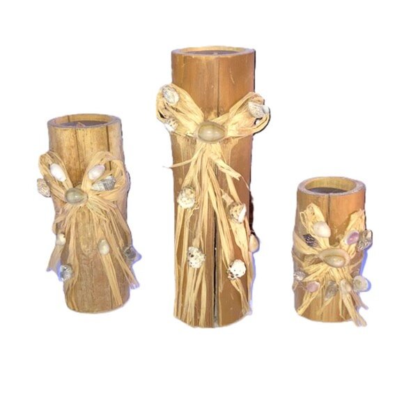 BAMBOO CANDLE HOLDER Nautical Beach Seashells 8", 6", 4" & Candles Set of 3 - Picture 1 of 11